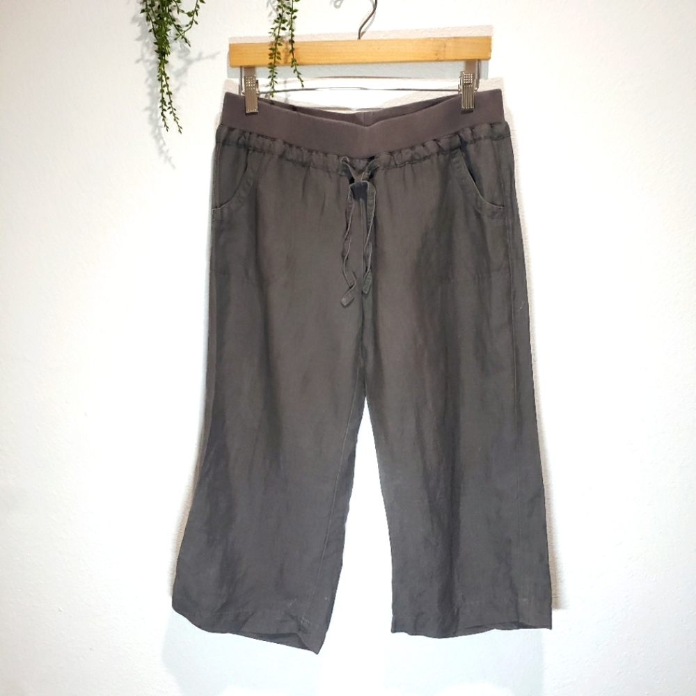 Sandro linen blend cropped pants size 10 womens elastic waist band